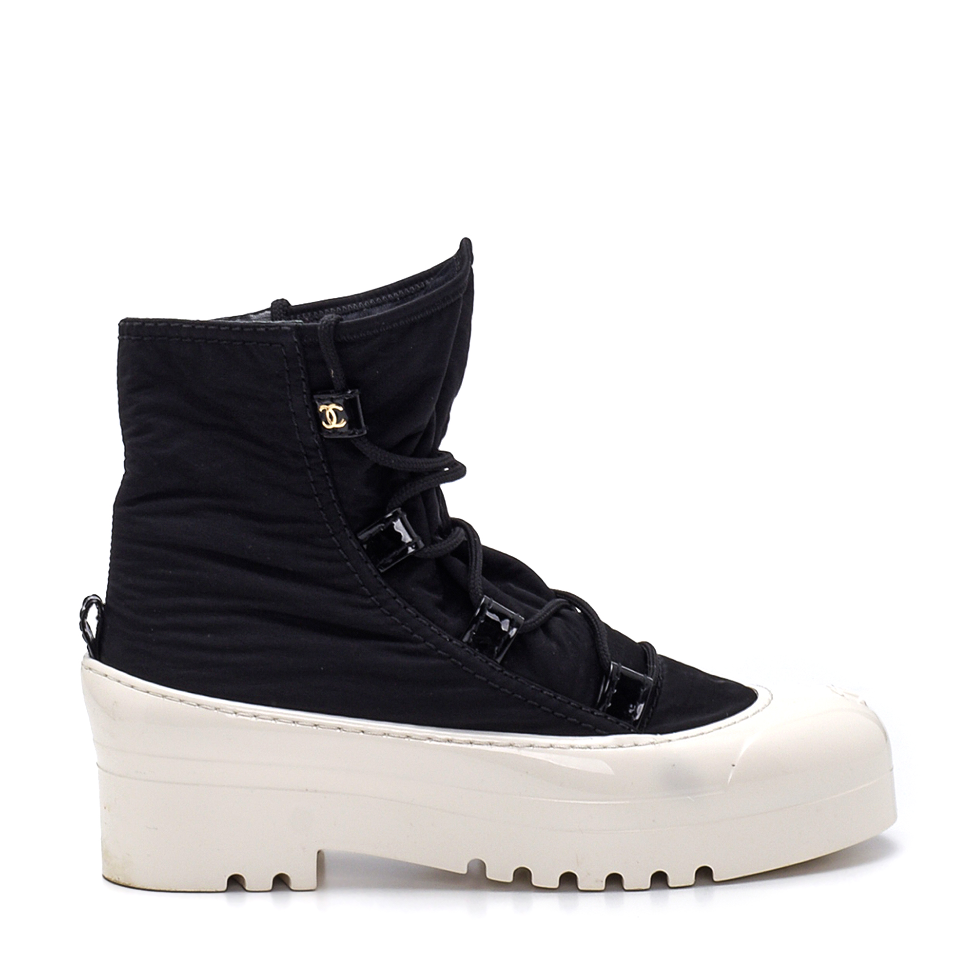 Chanel - Black Nylon and White Rubber Sole CC Ankle Boots